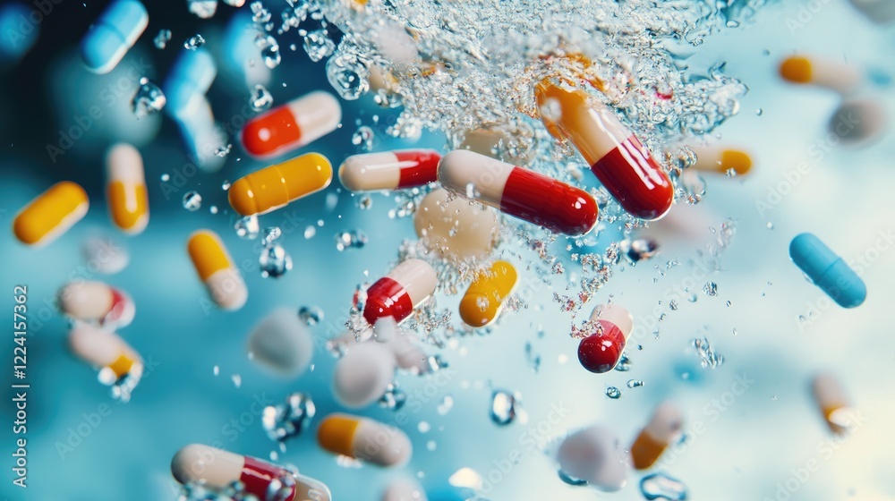 Poster capsules and pills falling into water with splashes frozen in time, symbolizing health and wellness,