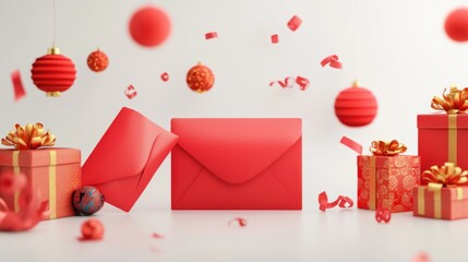 A modern 3D rendering of sleek red envelopes with glowing designs, surrounded by colorful gifts and festive Spring Festival elements, on white