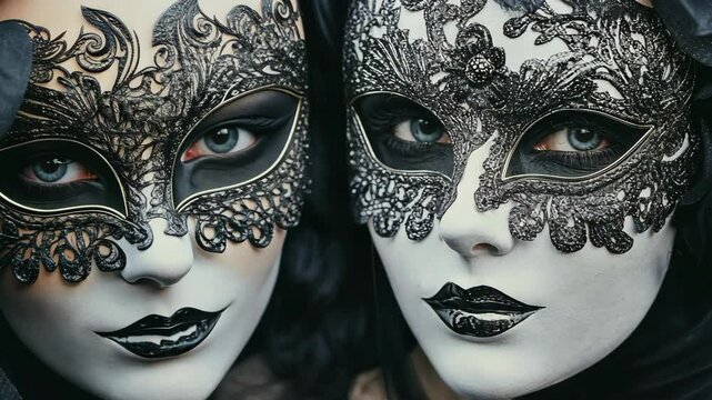 Elegant masked women at a masquerade ball during a night celebration