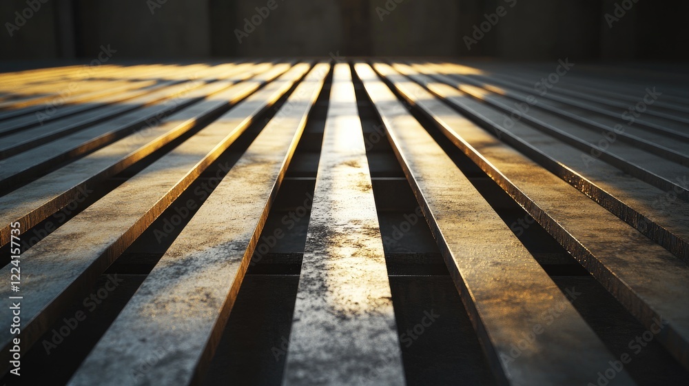 Aufkleber Close-up of metallic bars arranged on a concrete floor, illuminated by warm evening light, creating delicate shadow play and highlighting the material texture