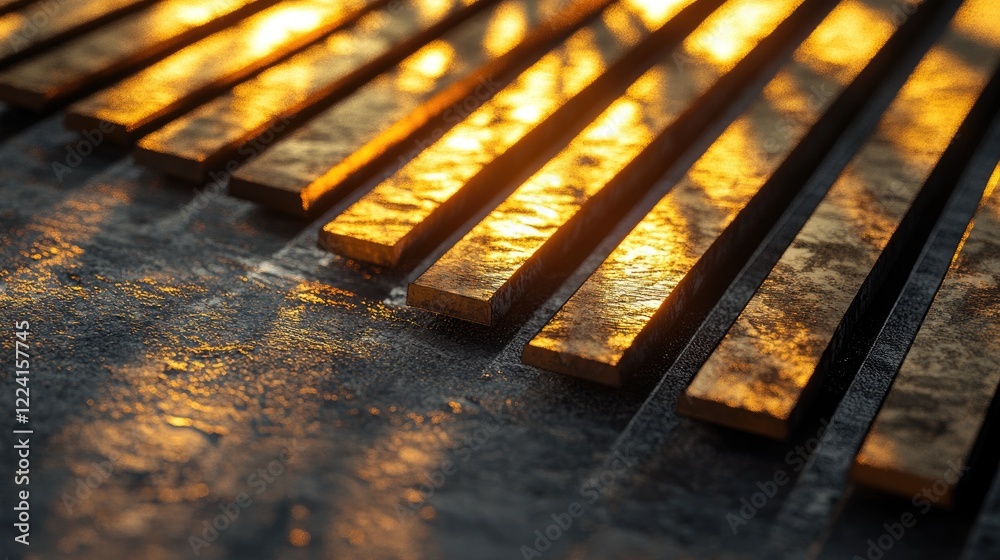 Poster Close-up of metallic bars arranged on a concrete floor, illuminated by warm evening light, creating delicate shadow play and highlighting the material texture