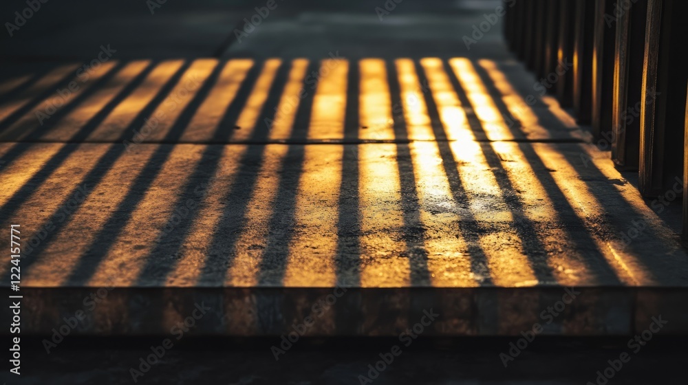 Poster Close-up of metallic bars arranged on a concrete floor, illuminated by warm evening light, creating delicate shadow play and highlighting the material texture