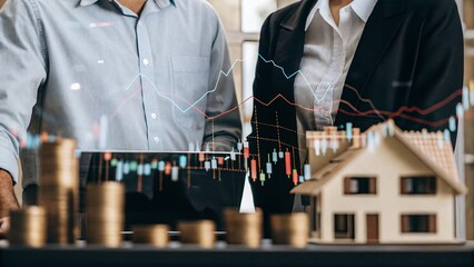 Two professionals discuss investments, with a backdrop of financial charts, coins, and a house model, symbolizing real estate and market analysis.