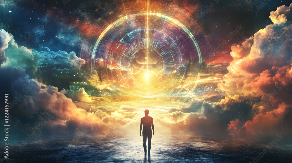Aufkleber surreal cosmic journey into vibrant nebula with lone astronaut explorer : generative ai
