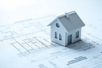 A small white house model sits on architectural blueprints, symbolizing home design and construction planning.