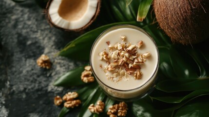 Coconut milk in a glass, surrounded by fresh nuts and lush green leaves, creating a tropical and natural look ideal for health and freshness