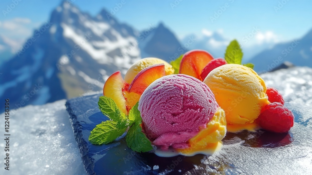 Poster colorful fruit ice cream scoops served on a slate board, garnished with mint leaves and fruit slices