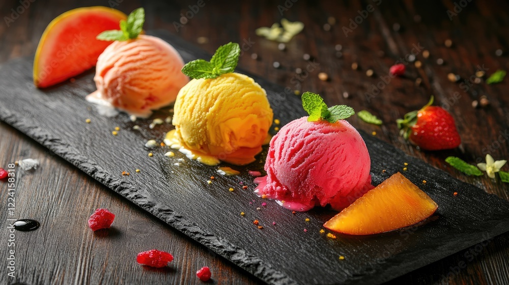 Poster colorful fruit ice cream scoops served on a slate board, garnished with mint leaves and fruit slices