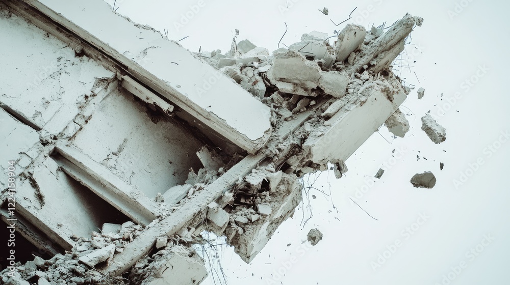 Poster destroyed building debris with exposed beams and shattered concrete, captured on a clean white backg