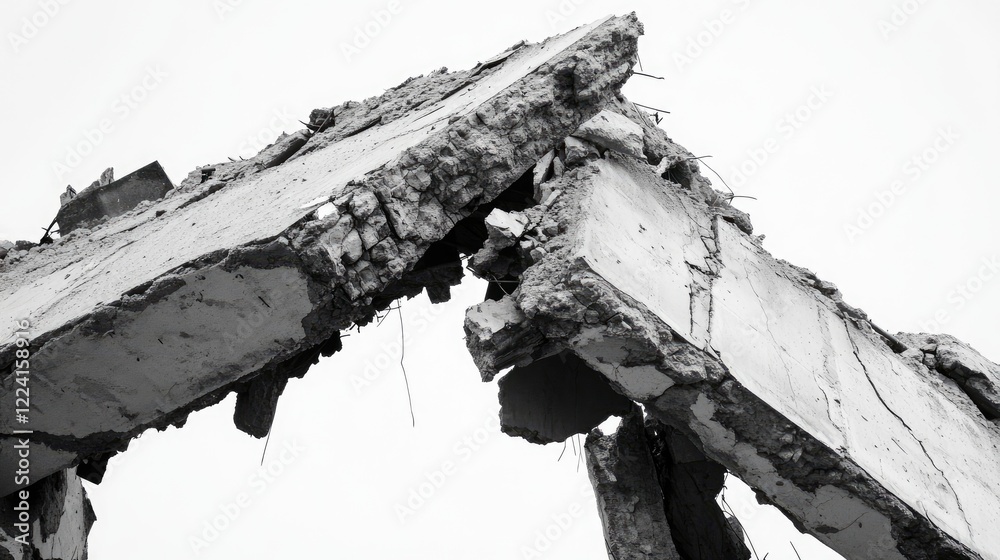 Poster destroyed building debris with exposed beams and shattered concrete, captured on a clean white backg