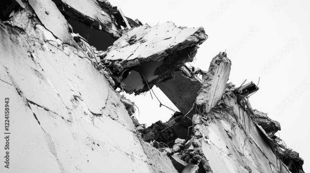 Poster destroyed building debris with exposed beams and shattered concrete, captured on a clean white backg