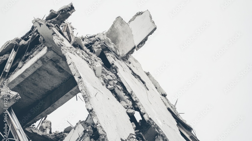 Poster destroyed building debris with exposed beams and shattered concrete, captured on a clean white backg