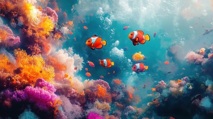 Obraz premium Vibrant coral reef, clownfish swimming, underwater scene, ocean background, nature