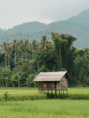 Obraz premium Rice terraces on an island with old village farm buildings, wooden cottages, and lush nature under a summer sky, surrounded by mountains and greenery