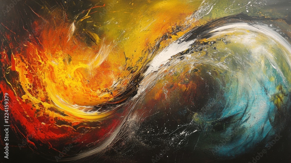 Poster dynamic abstract art showing gravity and magnetic energy interacting, with flowing lines and pulsati