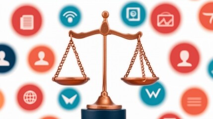 A balanced scale symbolizes justice amid a backdrop of social media icons, representing the intersection of law and digital communication.