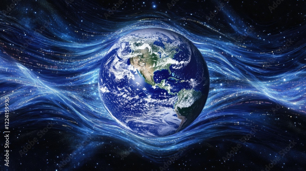 Poster earth surrounded by flowing digital data waves, emphasizing global connections, technological advanc