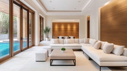 Fototapeta premium Modern and Elegant Living Room with Large Windows Overlooking Pool Area in Luxurious Home