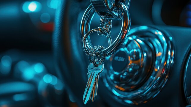 Close-up of Car Keys on Steering Wheel