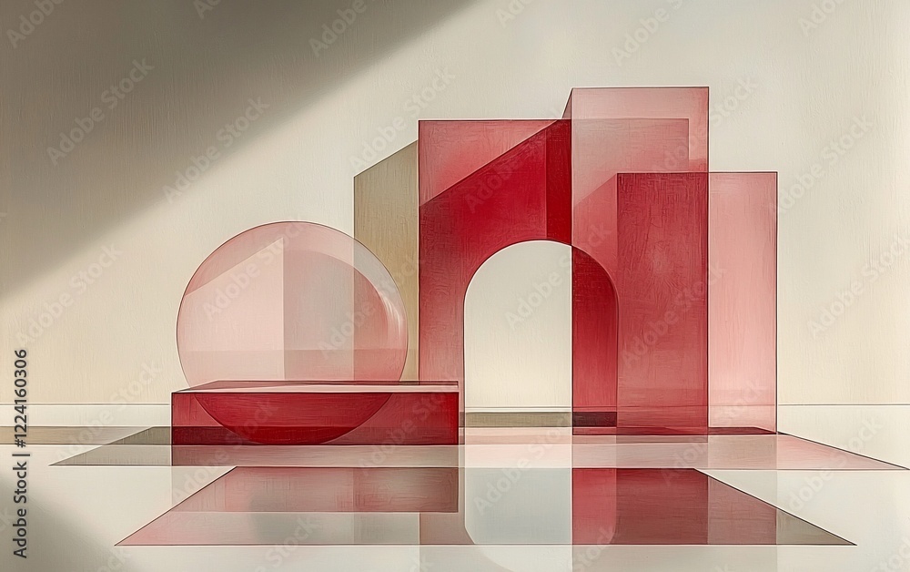 Poster abstract geometric shapes in red and beige glass with light and shadow.