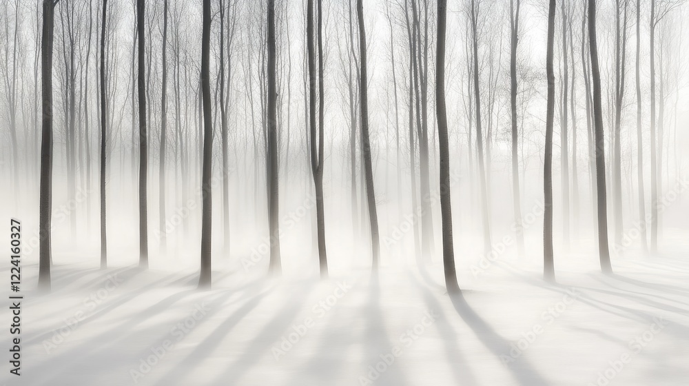 Poster ethereal fog surrounding trees, casting long shadows on the mist-covered ground, creating a dreamlik