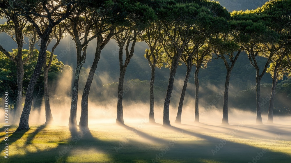 Poster ethereal fog surrounding trees, casting long shadows on the mist-covered ground, creating a dreamlik