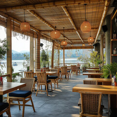 Fototapeta premium Outdoor city café with wooden furniture and umbrellas in a stylish dining area