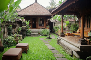 A traditional wooden house surrounded by a tropical garden with trees, in an old village, featuring a pavilion and a summer path, showcasing the architecture of a tropical Asian landscape
