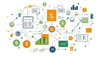 Financial management concept with digital graph, coins, and currency symbols illustrating investment, finance, and accounting principles
