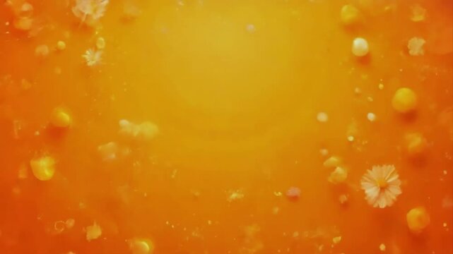 Vibrant orange and yellow abstract background with floral and bubble elements.
