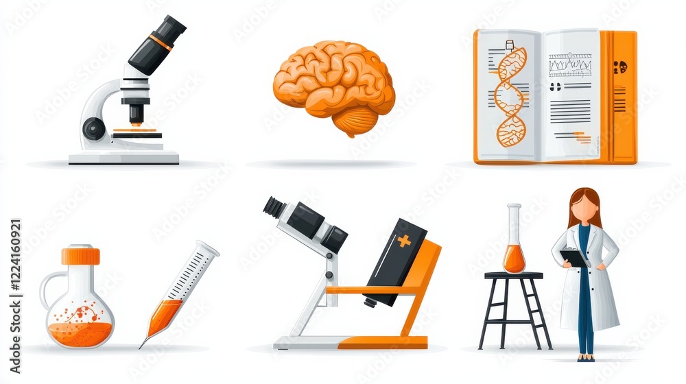 Poster conducting health research using six scientific icons microscope test tube dna and brain in a labora