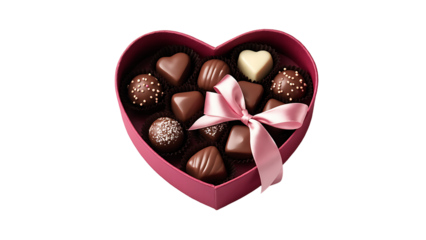 Heart-shaped pink gift box filled with assorted heart chocolates and tied with a pink ribbon on a transparan background. Romantic gift concept