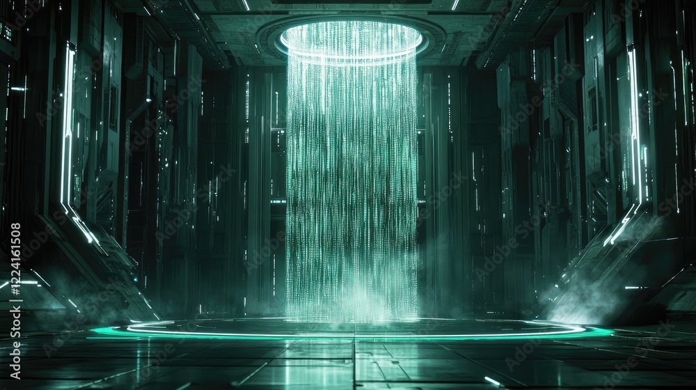 Poster Futuristic digital space with flowing matrix code, highlighted by a glowing, high-tech portal centerpiece that symbolizes cutting-edge technology