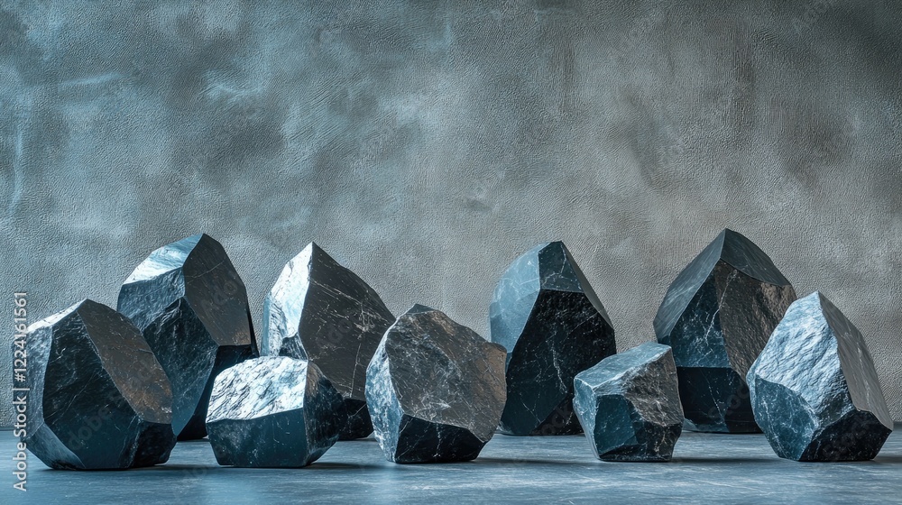 Poster geometric black stones with textured surfaces arranged in an abstract composition, lit with artistic
