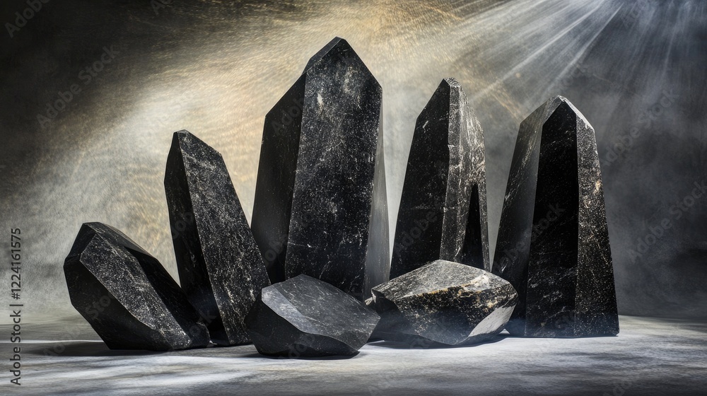 Poster geometric black stones with textured surfaces arranged in an abstract composition, lit with artistic
