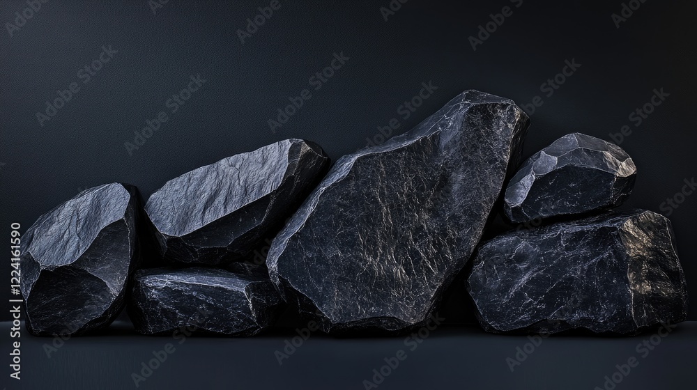 Aufkleber geometric black stones with textured surfaces arranged in an abstract composition, lit with artistic