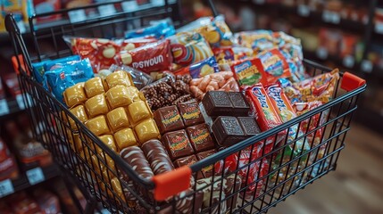 Supermarket shopping cart full of sweets