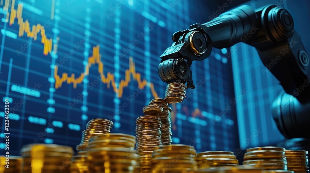 Poster High-tech robotic arms stacking coins in an industrial setting, surrounded by a digital backdrop of financial graphs, illustrating automated profitability