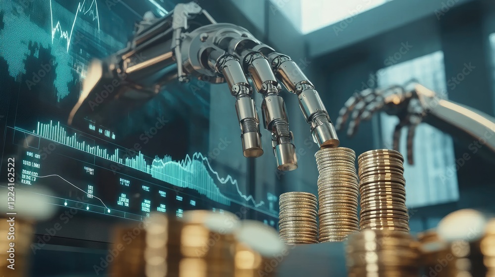 Poster High-tech robotic arms stacking coins in an industrial setting, surrounded by a digital backdrop of financial graphs, illustrating automated profitability