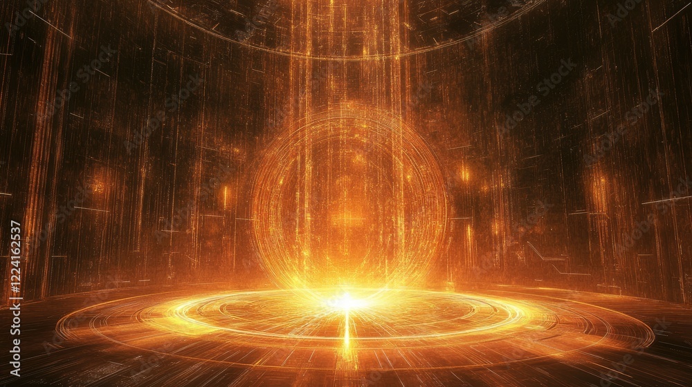 Poster high-tech virtual space with matrix code streaming across the digital realm, featuring a radiant por