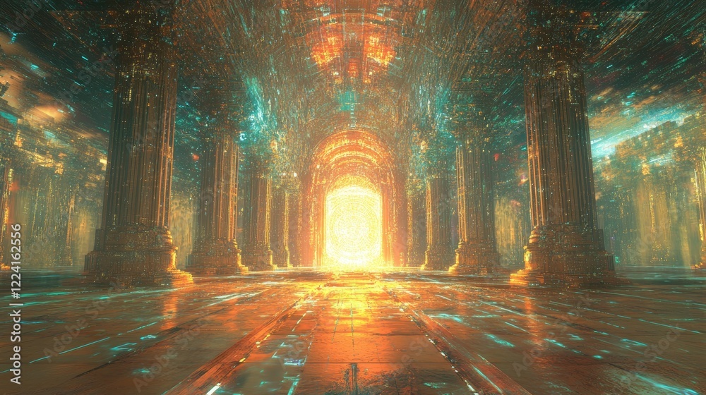 Poster high-tech virtual space with matrix code streaming across the digital realm, featuring a radiant por