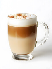 Obraz premium Steaming Glass Mug of Classic Latte with Foam Topped with Cinnamon on Clean White Background : Generative AI