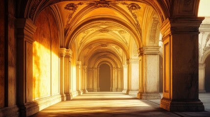 Obraz premium Intricate architectural arches, warmly lit, forming part of a peaceful interior with a serene ambiance, creating a timeless and elegant setting