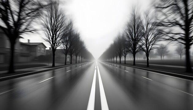 Fototapeta Rainy Road Through Trees Black and White Photography Print
