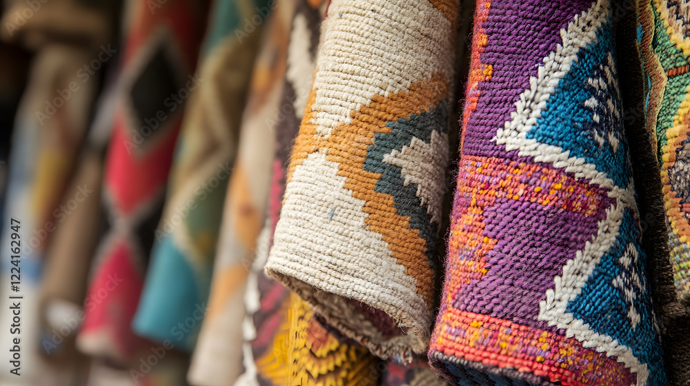 Poster Vibrant Traditional Handwoven Textiles with Colorful Patterns and Designs : Generative AI