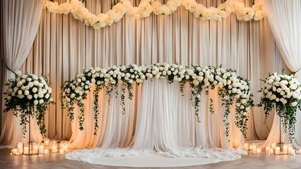 Elegant wedding backdrop with flowing beige curtains, abundant white roses, greenery, and glowing candles.