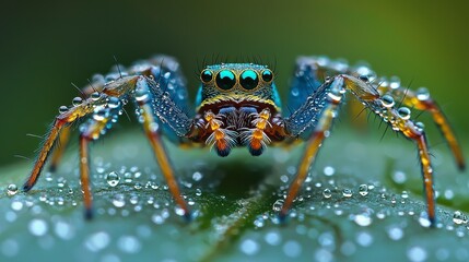 Fototapeta premium Vibrant Jumping Spider on Dew-Covered Leaf