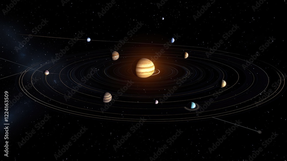 Poster majestic view of the solar system from its outer edges, with planets aligned and the sun casting a g