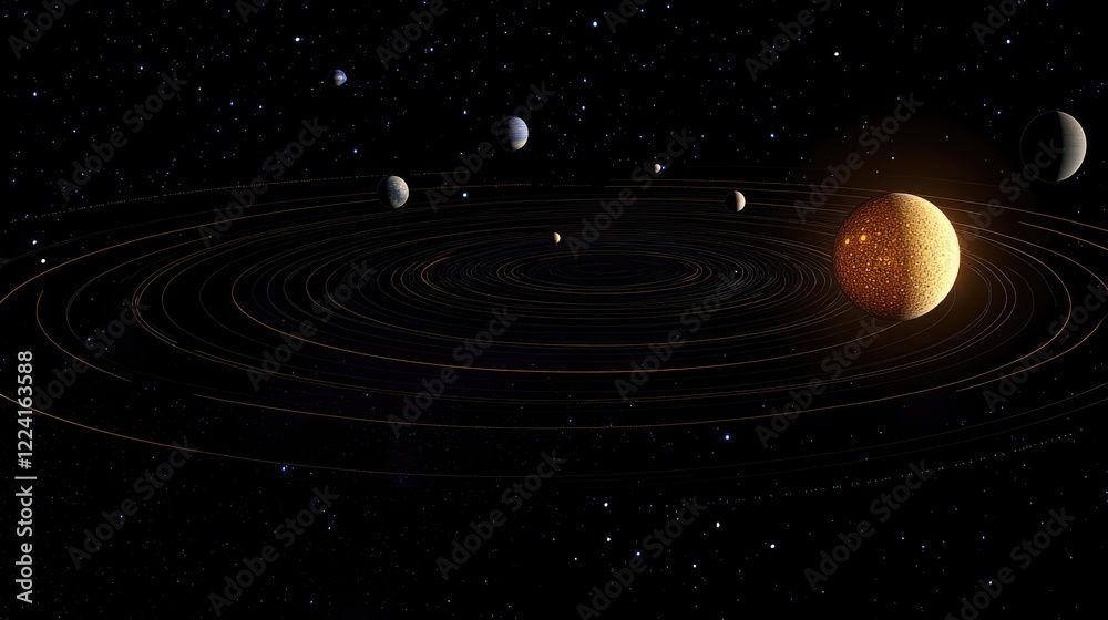 Poster majestic view of the solar system from its outer edges, with planets aligned and the sun casting a g