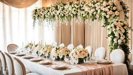 Elegant wedding reception table setting with blush pink and white floral arrangements and draped beige fabric backdrop.